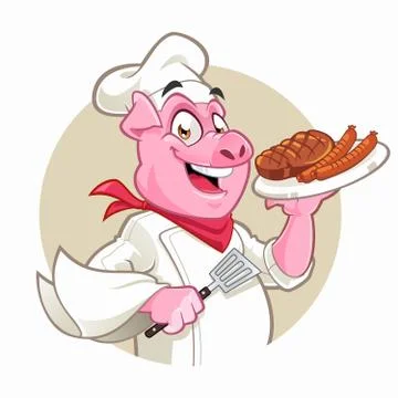 Smiling pig chef character with bbq Stock Illustration