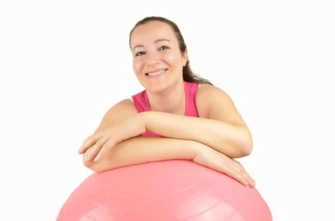 Smiling with pilates ball Foto stock