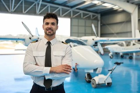 Smiling pilot posing with arms crossed in aircraft hangar Stock Photos
