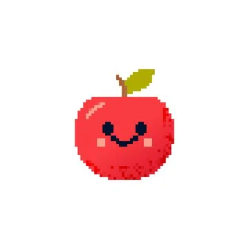 Smiling pixel art apple with leaf and cute face. Bright red apple illustration Stock Illustration