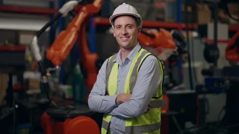 Smiling portrait of industrial engineer foreman with arms crossed Stock Footage 237926714