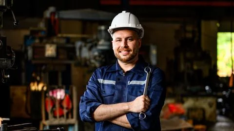 Smiling portrait of mechanical technician checking and inspecting machine Foto stock