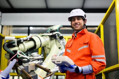 Smiling portrait of robotics engineer working and solving problems 写真素材