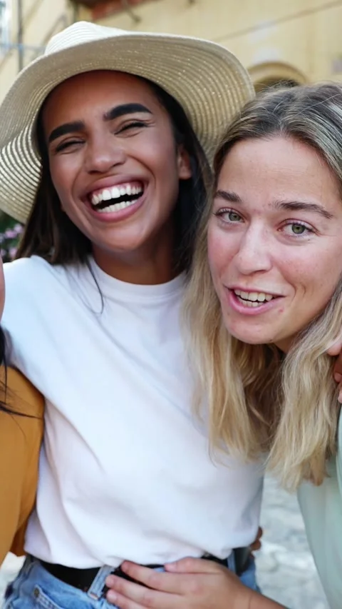 Smiling portrait of small group of three young women laughing at camera at city Stock Footage 312199213
