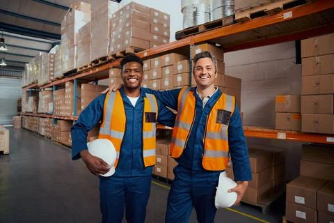 Smiling portrait of two multi ethnic warehouse workers holding safety hardhat in Stock Photos