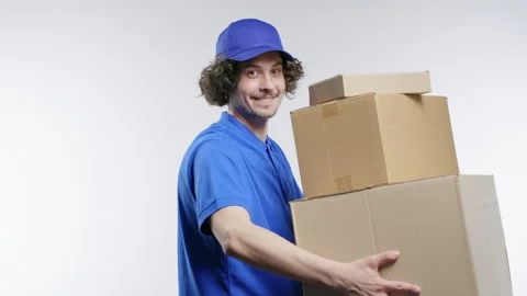 Smiling Postal Courier, Porter Man With Parcels Boxes. Happy Handyman Delivering Stockbeeldmateriaal 279860304
