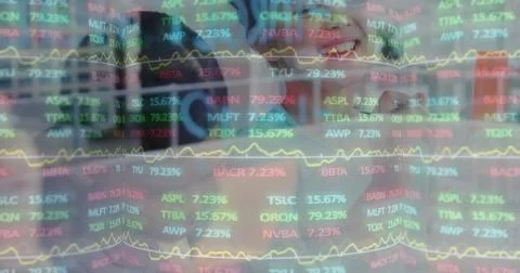 Smiling professional analyzing digital stock market data on transparent Stock Illustration