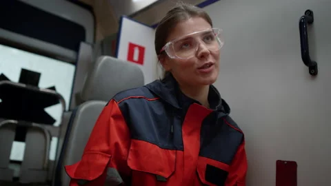 Smiling professional paramedic discussing work with colleague in emergency car Stock Footage 166887092
