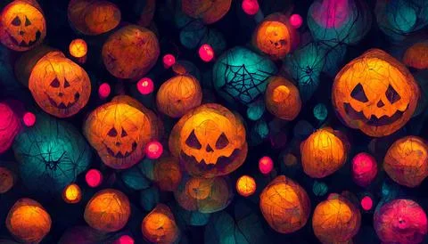 Smiling Pumpkins On Defocused Shiny Background. Halloween Abstract Party. Stock Illustration