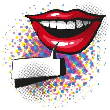 Smiling red lips with teeth and pop art comic speech bubble Stock Illustration