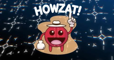 Smiling red spherical mascot rotating in blue scene, with straw hat, white gl Stock Illustration