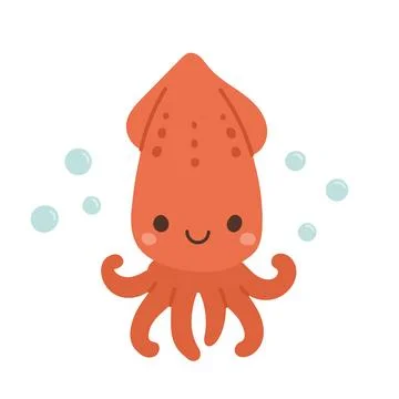 Smiling red squid with waving tentacles and bubbles, a fun cartoon sea creature Stock Illustration