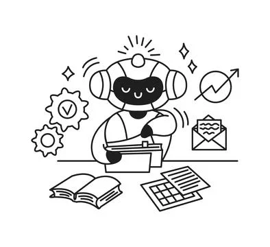 Smiling Robot Analyzing Documents in Office Setting Stock Illustration