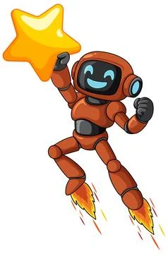 Smiling Robot Flying with Star and Jetpack Flames Stock Illustration