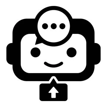 Smiling robot head with speech bubble and upload arrow icon 8K ultra, techn.. Stock Illustration
