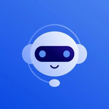 Smiling robot in headphone on blue background. Illustrazione stock