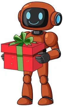Smiling Robot Holding a Gift Box with Bow Stock Illustration