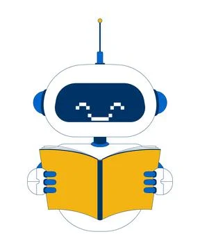 Smiling robot holding open book 2D cartoon character Stock Illustration