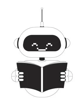 Smiling robot holding open book 2D line character Stock Illustration