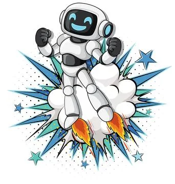Smiling Robot Launching with Jetpack and Comic Explosion Stock Illustration