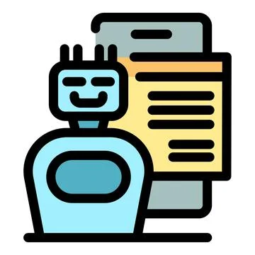 Smiling robot reading code on screen, programming and software development Stock Illustration
