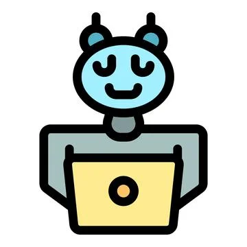Smiling robot working on laptop, artificial intelligence and technology Illustrazione stock