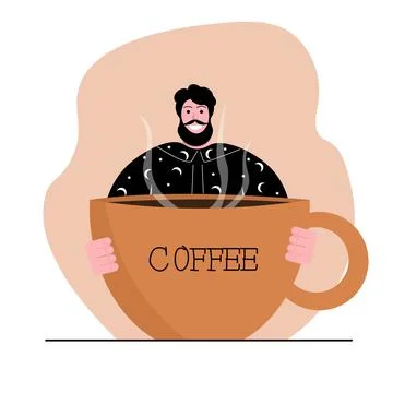 A smiling, satisfied man in pajamas holds a huge mug of coffee in his hands Stock Illustration