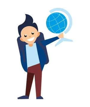 Smiling school boy with globe vector icon Stock Illustration