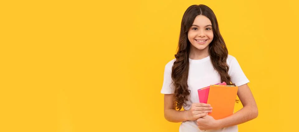 Smiling school child ready to study with workbook, school. Banner of schoolgirl Stock Photos