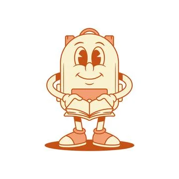 Smiling schoolbag back to school cartoon character with book isometric vector Stock Illustration