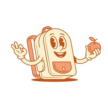 Smiling schoolbag back to school cartoon character with apple isometric vec.. Stock Illustration