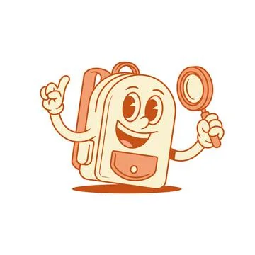 Smiling schoolbag back to school cartoon character with magnifying glass isom Stock Illustration