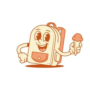 Smiling schoolbag back to school cartoon character with ice cream isometric.. Stock Illustration