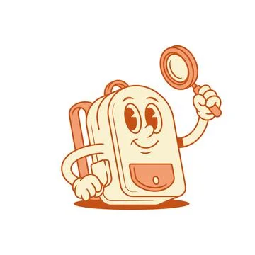 Smiling schoolbag back to school cartoon character with magnifying glass isom Stock Illustration