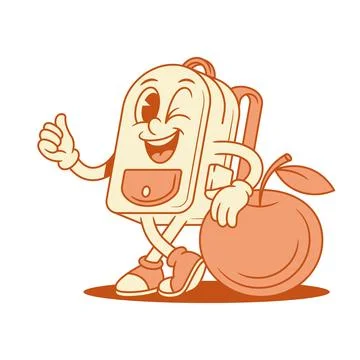 Smiling schoolbag backpack cartoon character with apple isometric vector illu Stock Illustration