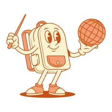 Smiling schoolbag backpack cartoon character with globe and pointer isometric Stock Illustration