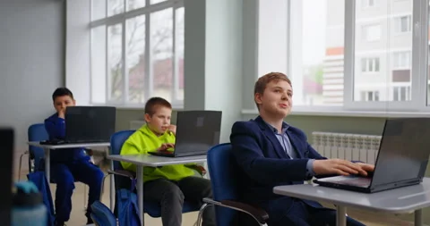Smiling Schoolboy Asking Teacher In Lesson, School Students Sitting In Computer Stock Footage 280177784