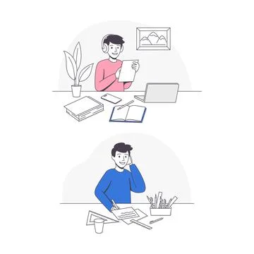 Smiling Schoolboy Doing Homework Sitting at Desk Studying with Notepad and Stock Illustration