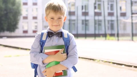  Smiling schoolboy of an elementary school. Funny child on the background of sch Stock Footage 78912761