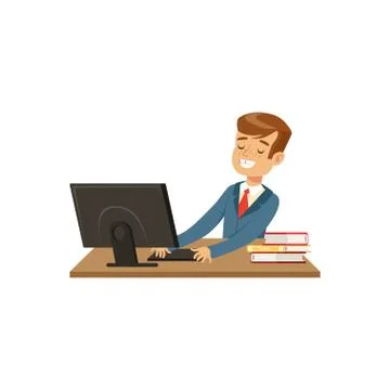 Smiling schoolboy using laptop computer vector Illustration on a white Stock Illustration