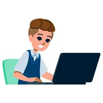 Smiling schoolboy using laptop for online education Stockillustratie