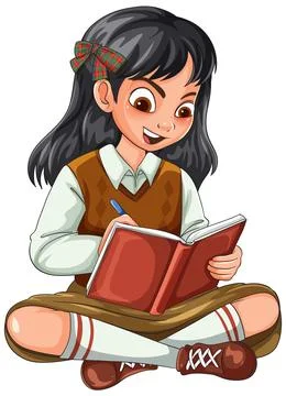 Smiling Schoolgirl Writing in Notebook While Sitting Cross-Legged Stock Illustration