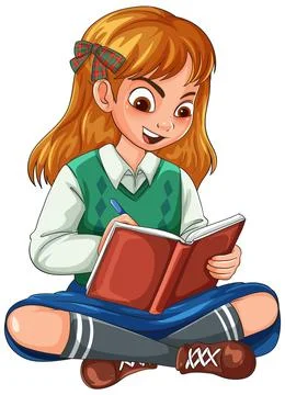 Smiling Schoolgirl Writing in Notebook While Sitting Cross-Legged Stock Illustration