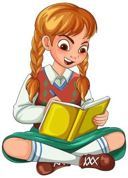 Smiling Schoolgirl Writing in Notebook While Sitting Cross-Legged Stock Illustration