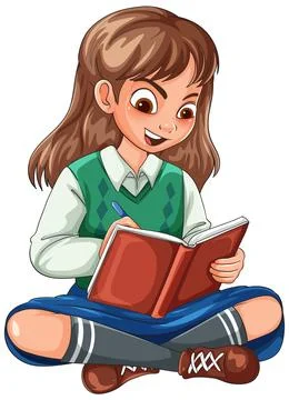 Smiling Schoolgirl Writing in Notebook While Sitting Cross-Legged Stock Illustration