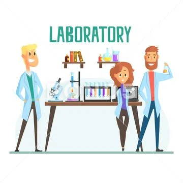 Smiling scientists man and woman working in a lab, interior of science Stock Illustration