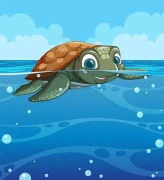 Smiling Sea Turtle in Ocean Waves Stock Illustration