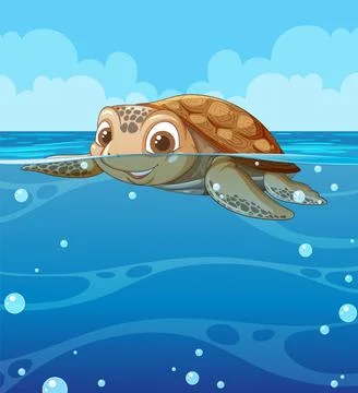 Smiling Sea Turtle in Ocean Waves Stock Illustration