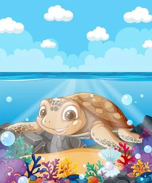 Smiling Sea Turtle in Vibrant Reef Stock Illustration