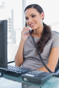 Smiling secretary answering land line looking at computer screen Stock Photos